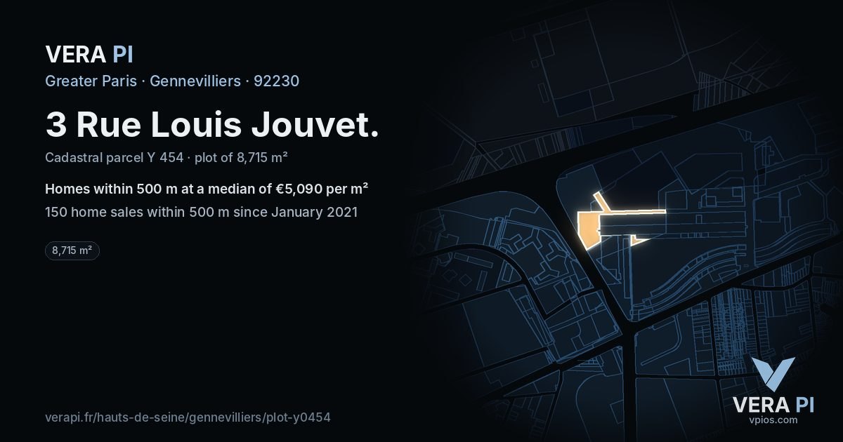 3 Rue Louis Jouvet, Gennevilliers at night – the plot lit, the parcels around coloured by the prices near them