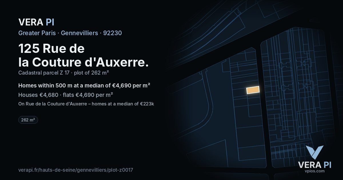 125 Rue de la Couture d'Auxerre, Gennevilliers at night – the plot lit, the parcels around coloured by the prices near them