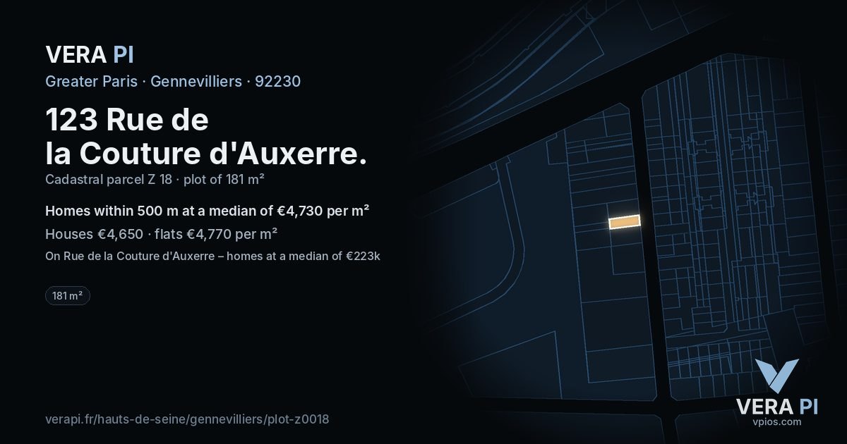 123 Rue de la Couture d'Auxerre, Gennevilliers at night – the plot lit, the parcels around coloured by the prices near them