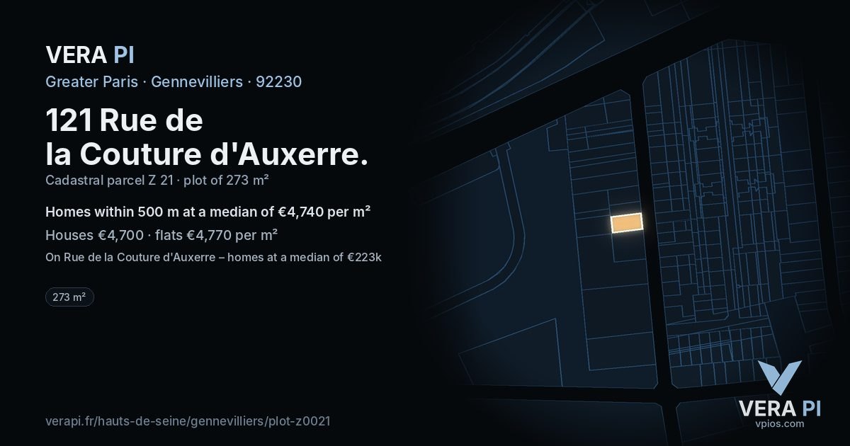 121 Rue de la Couture d'Auxerre, Gennevilliers at night – the plot lit, the parcels around coloured by the prices near them
