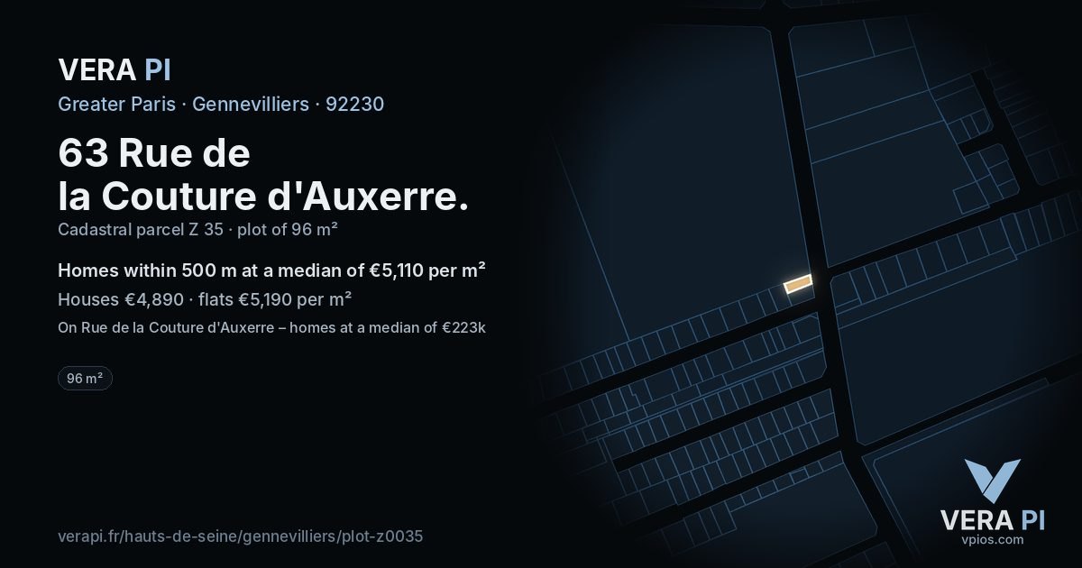 63 Rue de la Couture d'Auxerre, Gennevilliers at night – the plot lit, the parcels around coloured by the prices near them