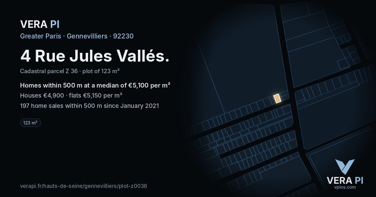 4 Rue Jules Vallés, Gennevilliers at night – the plot lit, the parcels around coloured by the prices near them