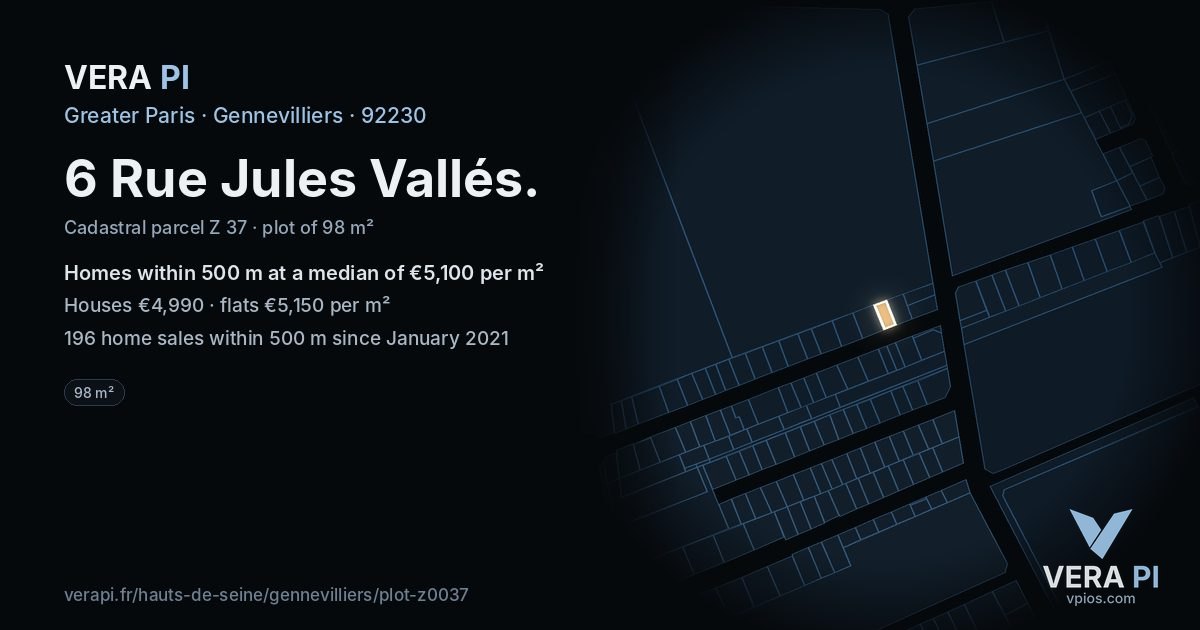 6 Rue Jules Vallés, Gennevilliers at night – the plot lit, the parcels around coloured by the prices near them