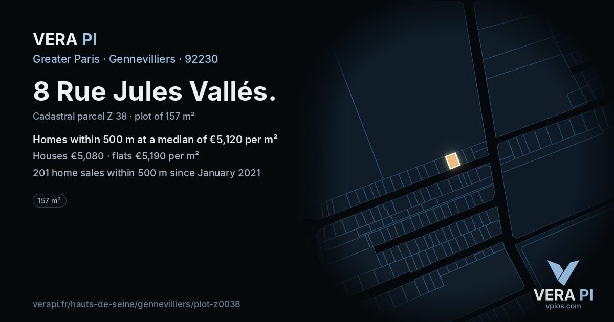 8 Rue Jules Vallés, Gennevilliers at night – the plot lit, the parcels around coloured by the prices near them