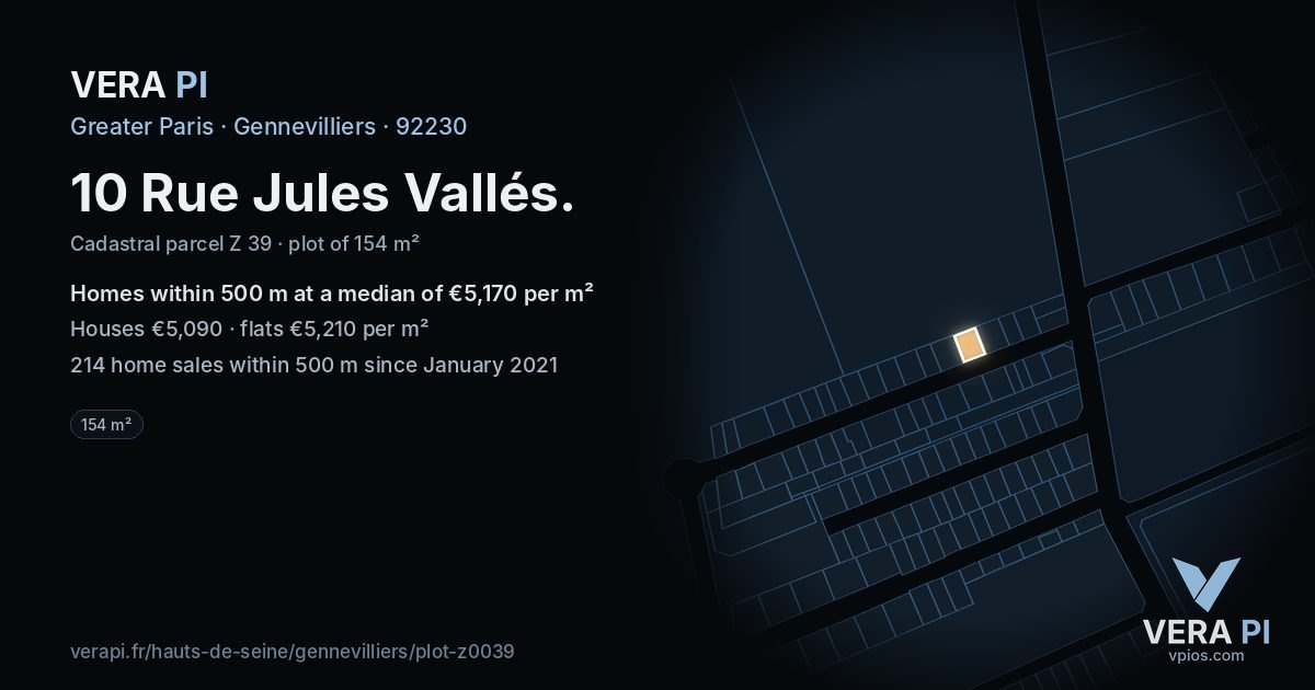10 Rue Jules Vallés, Gennevilliers at night – the plot lit, the parcels around coloured by the prices near them
