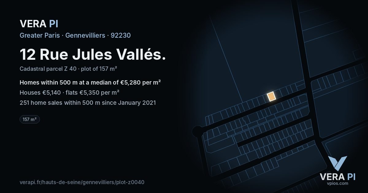 12 Rue Jules Vallés, Gennevilliers at night – the plot lit, the parcels around coloured by the prices near them