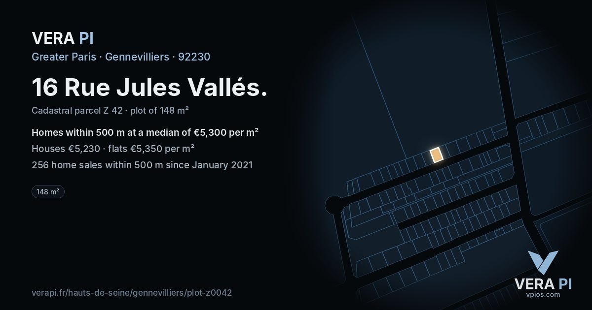 16 Rue Jules Vallés, Gennevilliers at night – the plot lit, the parcels around coloured by the prices near them