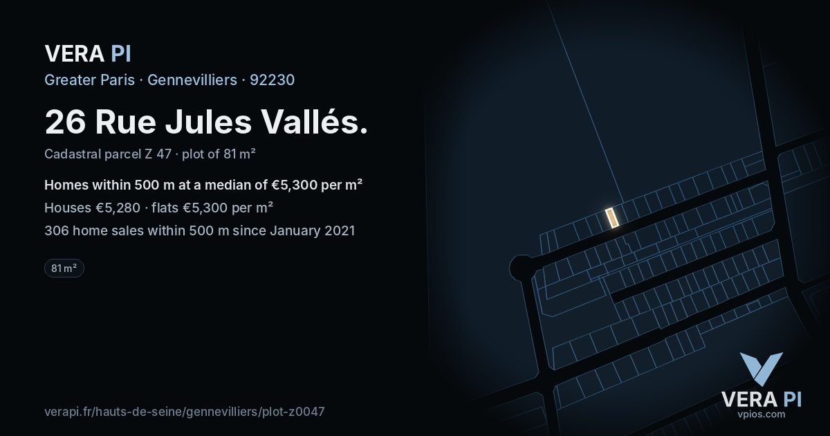 26 Rue Jules Vallés, Gennevilliers at night – the plot lit, the parcels around coloured by the prices near them