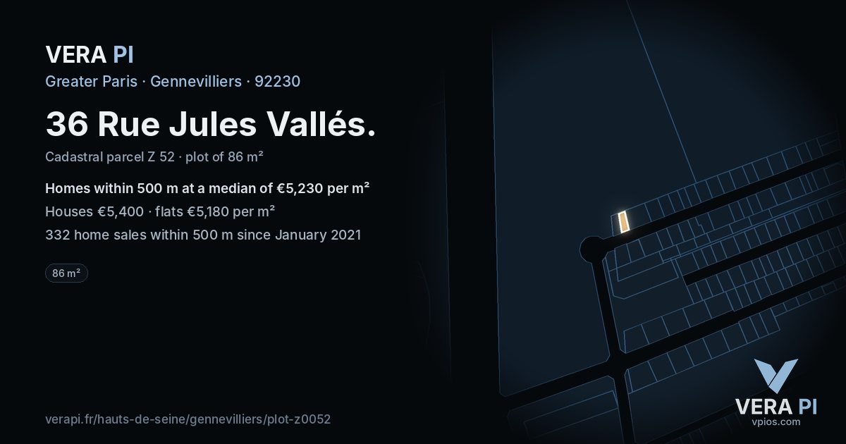 36 Rue Jules Vallés, Gennevilliers at night – the plot lit, the parcels around coloured by the prices near them