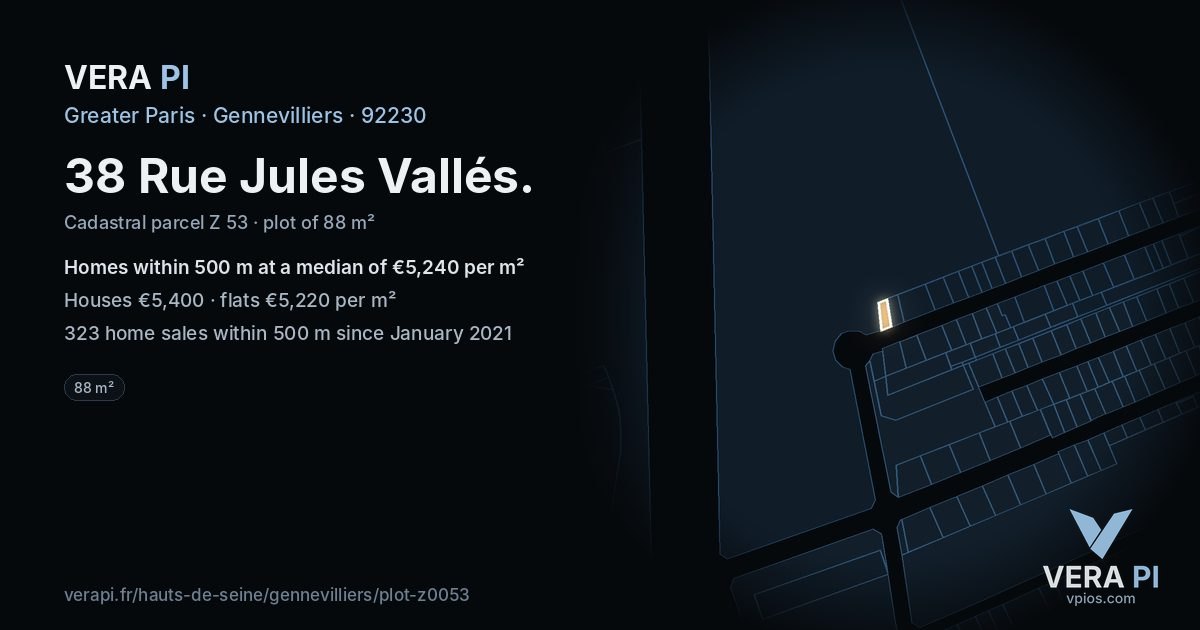 38 Rue Jules Vallés, Gennevilliers at night – the plot lit, the parcels around coloured by the prices near them