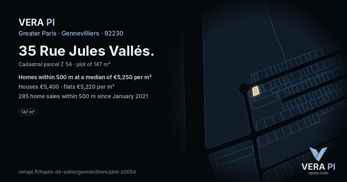 35 Rue Jules Vallés, Gennevilliers at night – the plot lit, the parcels around coloured by the prices near them