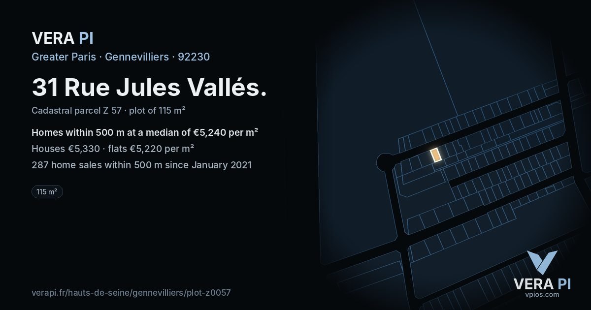 31 Rue Jules Vallés, Gennevilliers at night – the plot lit, the parcels around coloured by the prices near them