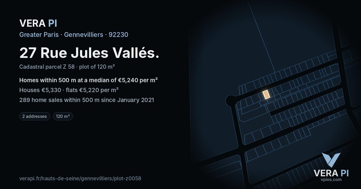 27 Rue Jules Vallés, Gennevilliers at night – the plot lit, the parcels around coloured by the prices near them