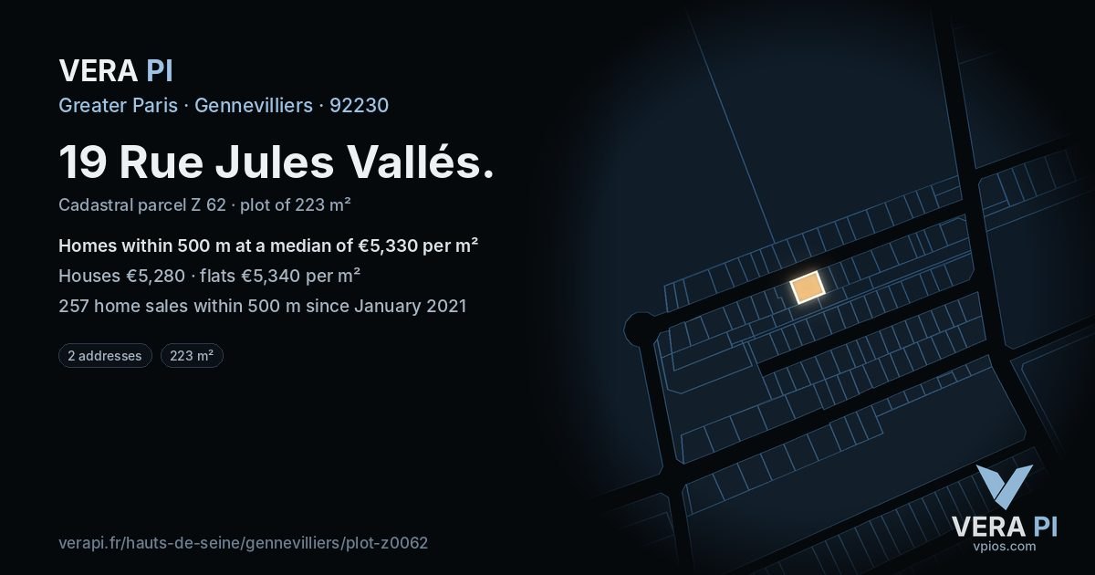 19 Rue Jules Vallés, Gennevilliers at night – the plot lit, the parcels around coloured by the prices near them