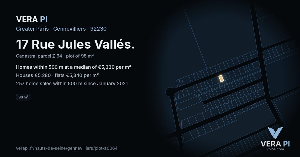 17 Rue Jules Vallés, Gennevilliers at night – the plot lit, the parcels around coloured by the prices near them
