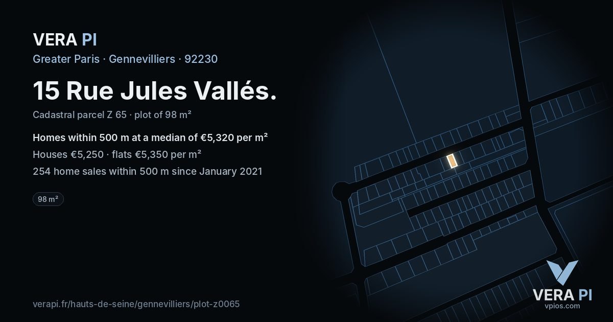 15 Rue Jules Vallés, Gennevilliers at night – the plot lit, the parcels around coloured by the prices near them