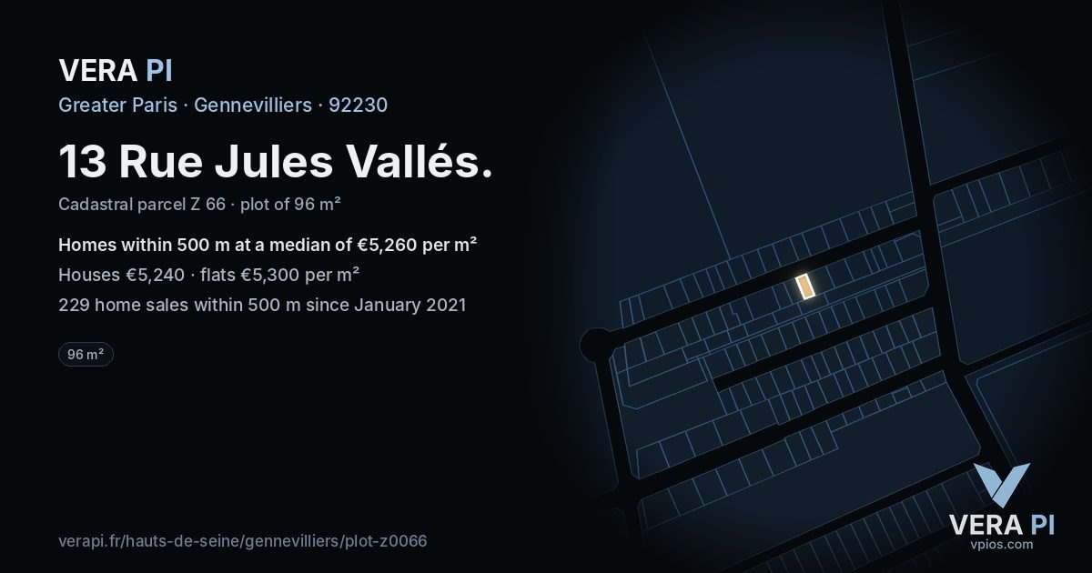 13 Rue Jules Vallés, Gennevilliers at night – the plot lit, the parcels around coloured by the prices near them