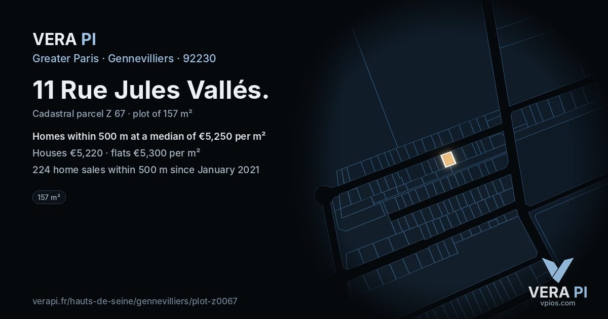 11 Rue Jules Vallés, Gennevilliers at night – the plot lit, the parcels around coloured by the prices near them