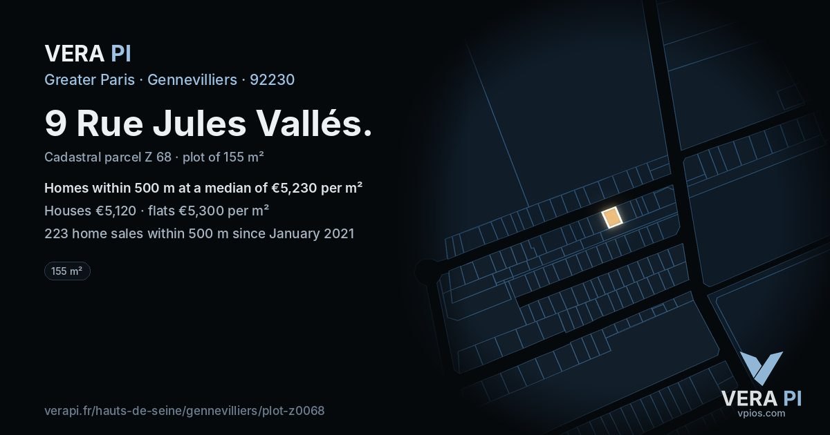 9 Rue Jules Vallés, Gennevilliers at night – the plot lit, the parcels around coloured by the prices near them