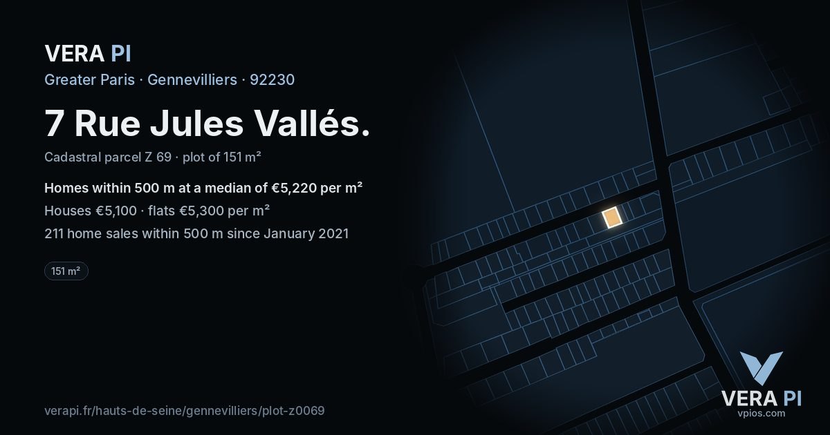 7 Rue Jules Vallés, Gennevilliers at night – the plot lit, the parcels around coloured by the prices near them