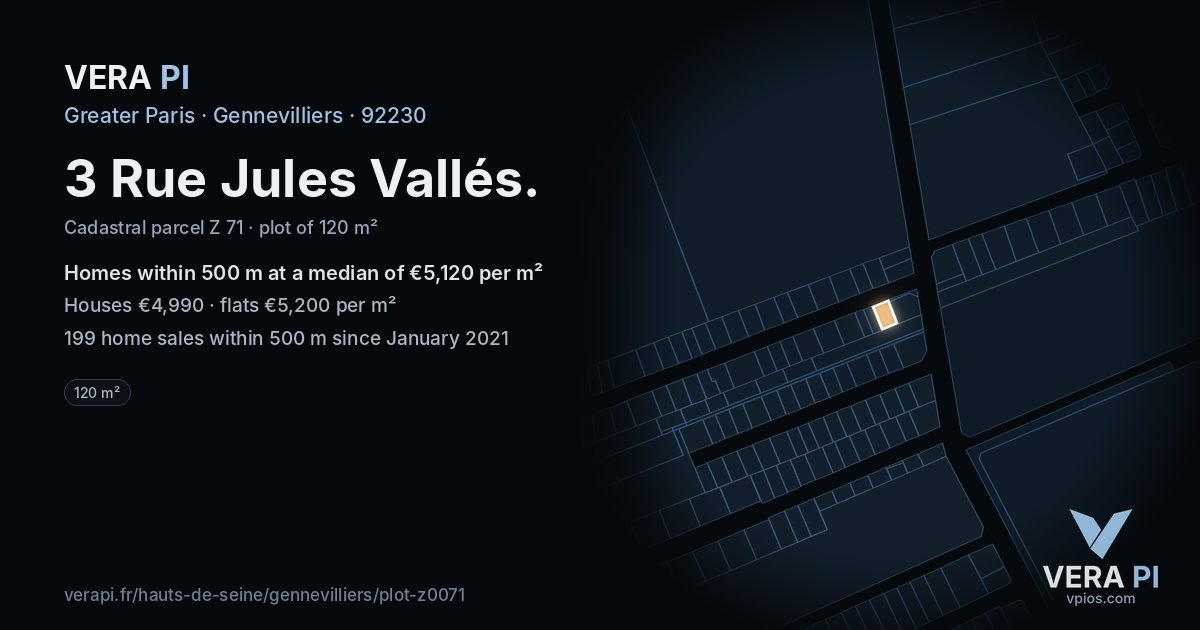 3 Rue Jules Vallés, Gennevilliers at night – the plot lit, the parcels around coloured by the prices near them