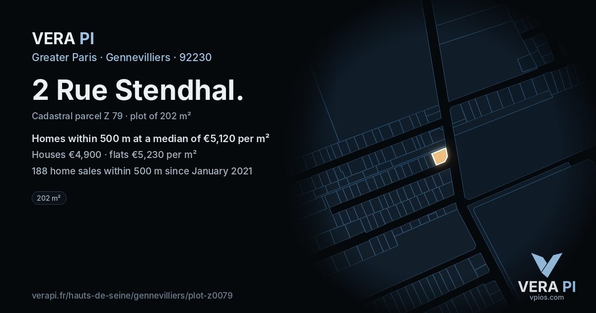 2 Rue Stendhal, Gennevilliers at night – the plot lit, the parcels around coloured by the prices near them