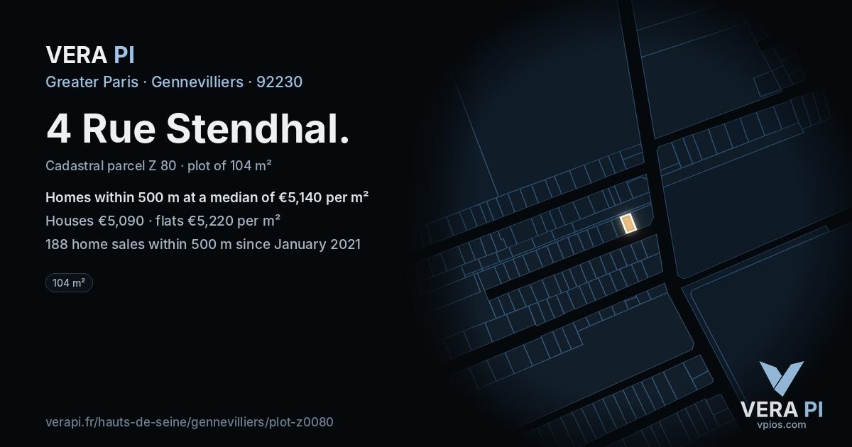4 Rue Stendhal, Gennevilliers at night – the plot lit, the parcels around coloured by the prices near them