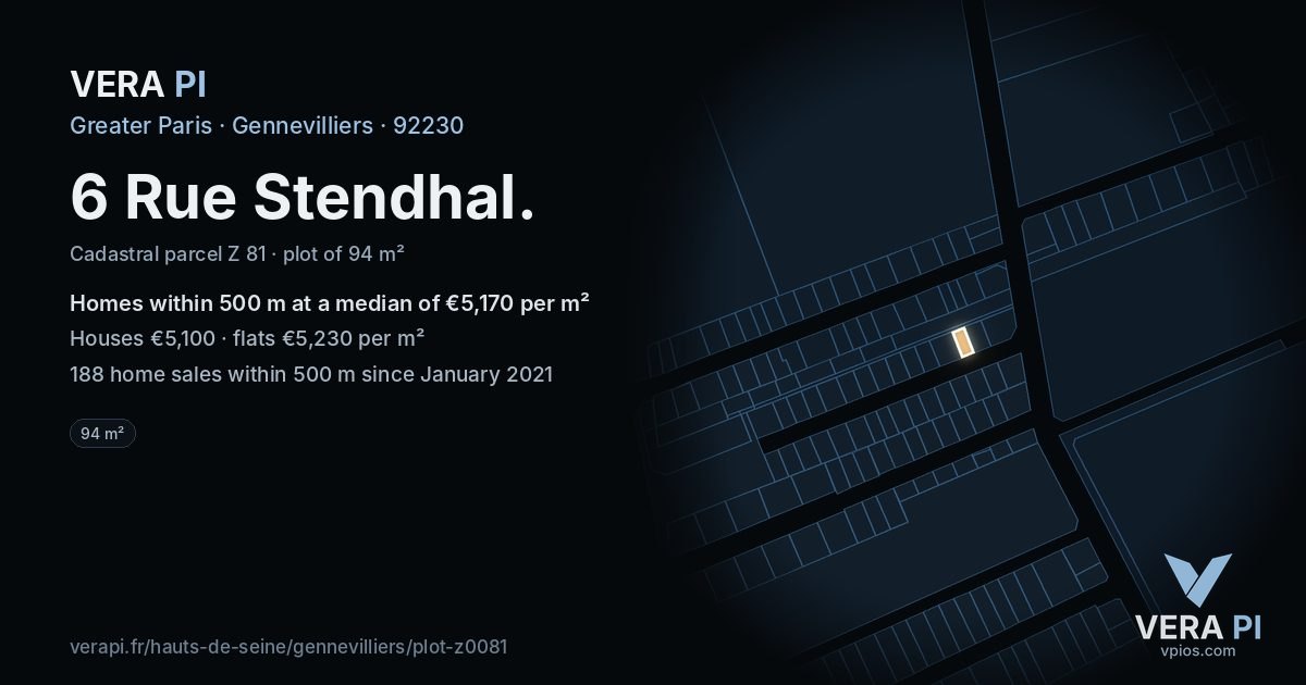 6 Rue Stendhal, Gennevilliers at night – the plot lit, the parcels around coloured by the prices near them