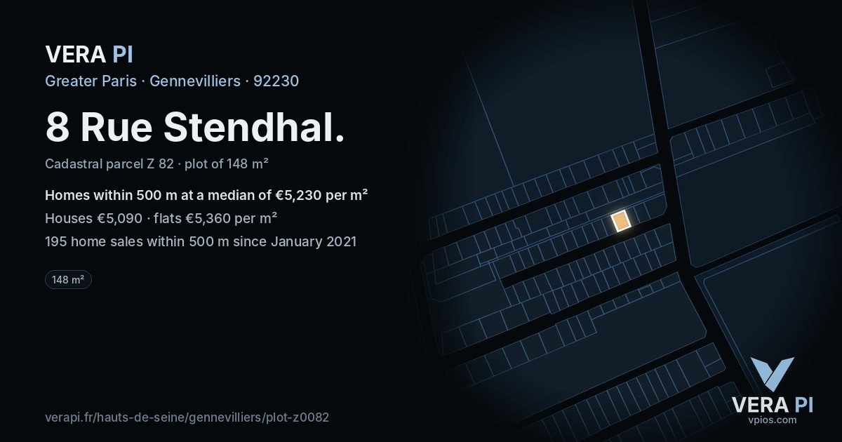 8 Rue Stendhal, Gennevilliers at night – the plot lit, the parcels around coloured by the prices near them