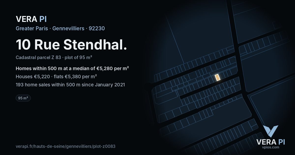 10 Rue Stendhal, Gennevilliers at night – the plot lit, the parcels around coloured by the prices near them