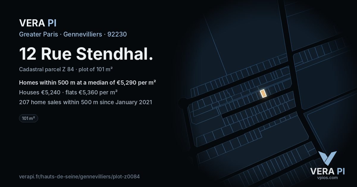12 Rue Stendhal, Gennevilliers at night – the plot lit, the parcels around coloured by the prices near them