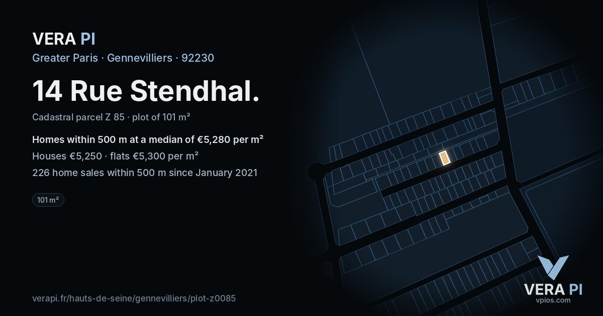 14 Rue Stendhal, Gennevilliers at night – the plot lit, the parcels around coloured by the prices near them
