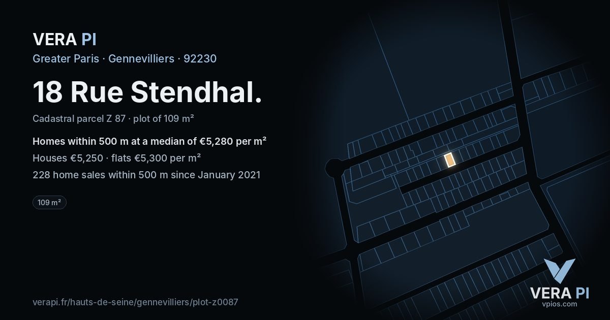 18 Rue Stendhal, Gennevilliers at night – the plot lit, the parcels around coloured by the prices near them