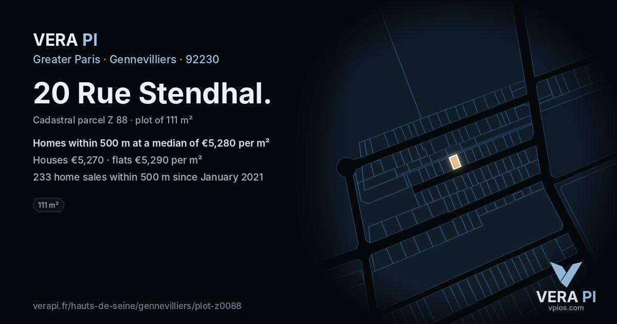 20 Rue Stendhal, Gennevilliers at night – the plot lit, the parcels around coloured by the prices near them