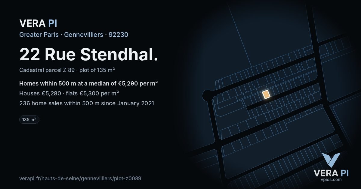 22 Rue Stendhal, Gennevilliers at night – the plot lit, the parcels around coloured by the prices near them