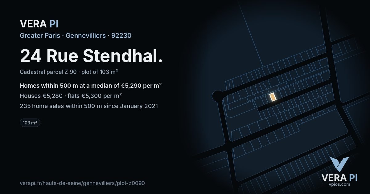 24 Rue Stendhal, Gennevilliers at night – the plot lit, the parcels around coloured by the prices near them