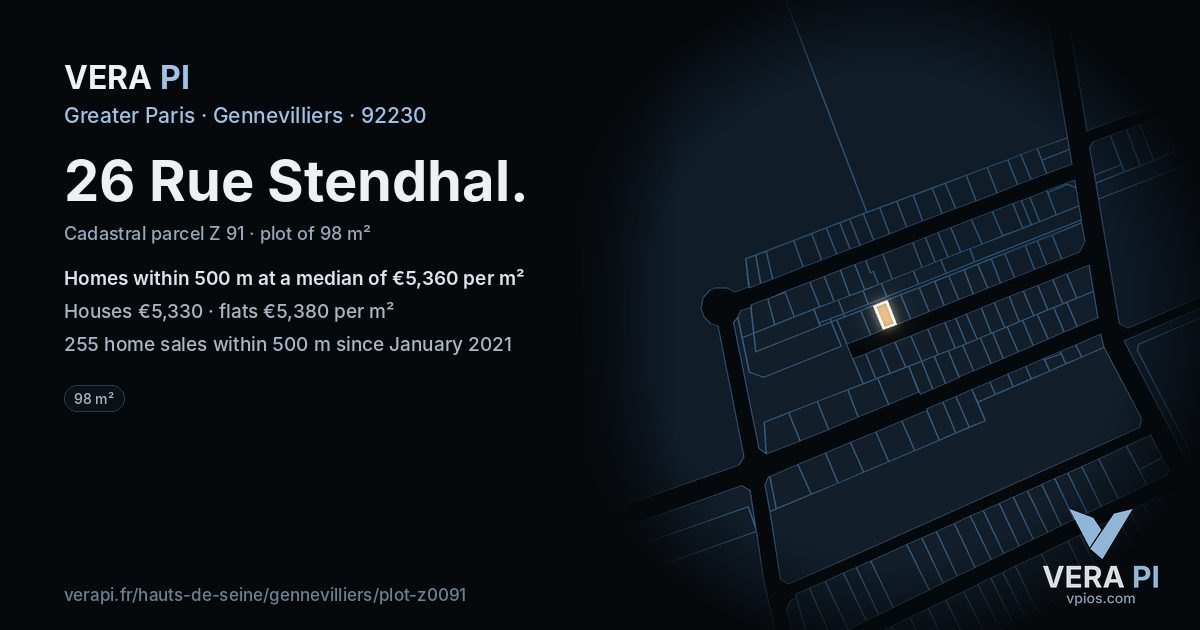 26 Rue Stendhal, Gennevilliers at night – the plot lit, the parcels around coloured by the prices near them