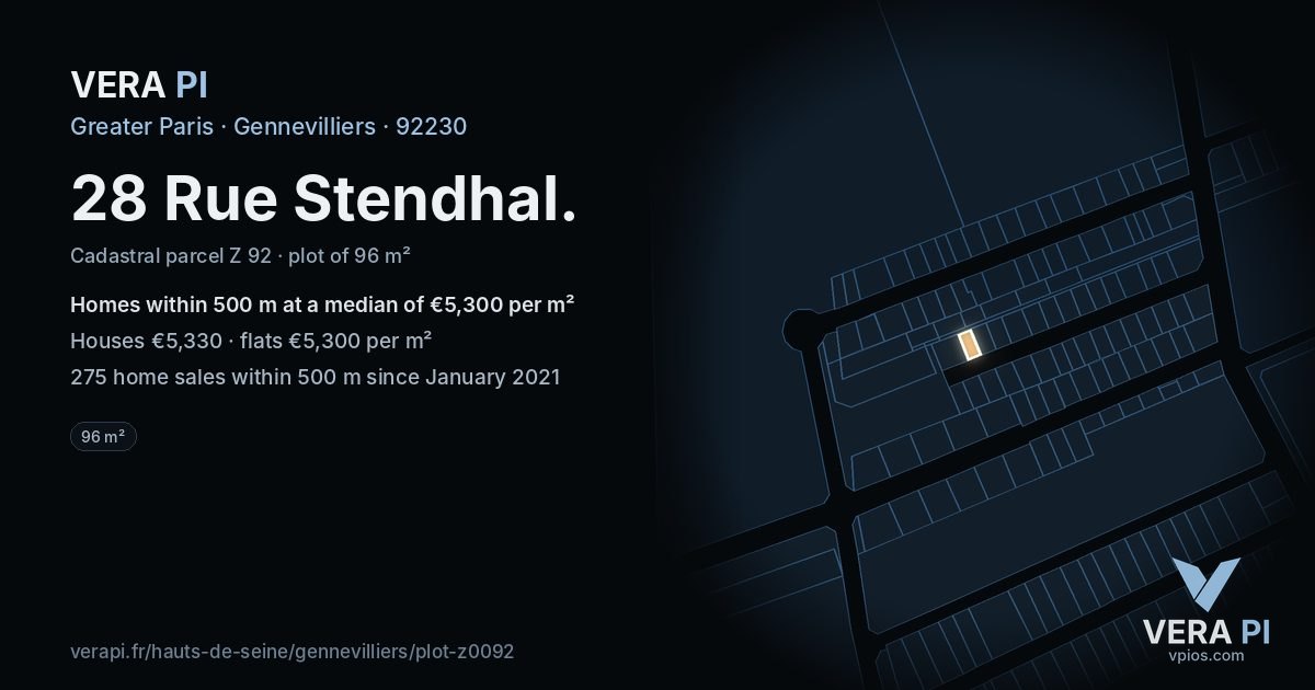 28 Rue Stendhal, Gennevilliers at night – the plot lit, the parcels around coloured by the prices near them