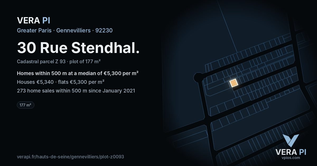 30 Rue Stendhal, Gennevilliers at night – the plot lit, the parcels around coloured by the prices near them