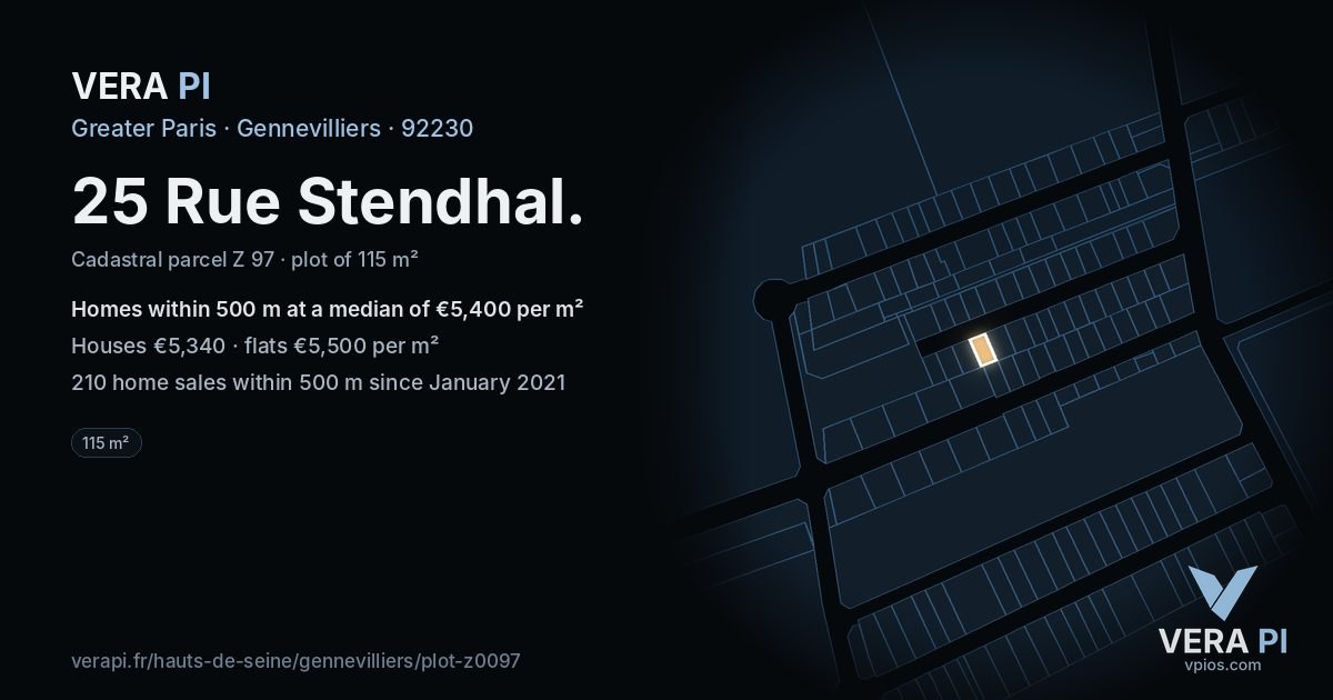 25 Rue Stendhal, Gennevilliers at night – the plot lit, the parcels around coloured by the prices near them