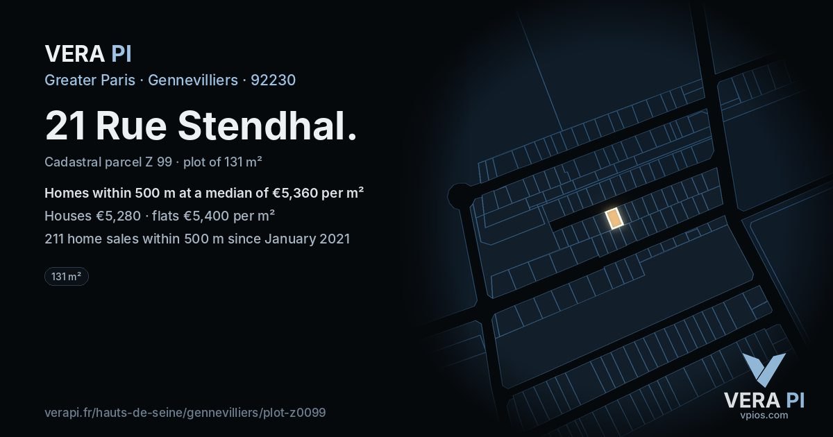 21 Rue Stendhal, Gennevilliers at night – the plot lit, the parcels around coloured by the prices near them