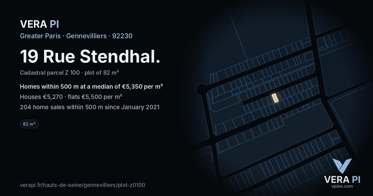 19 Rue Stendhal, Gennevilliers at night – the plot lit, the parcels around coloured by the prices near them