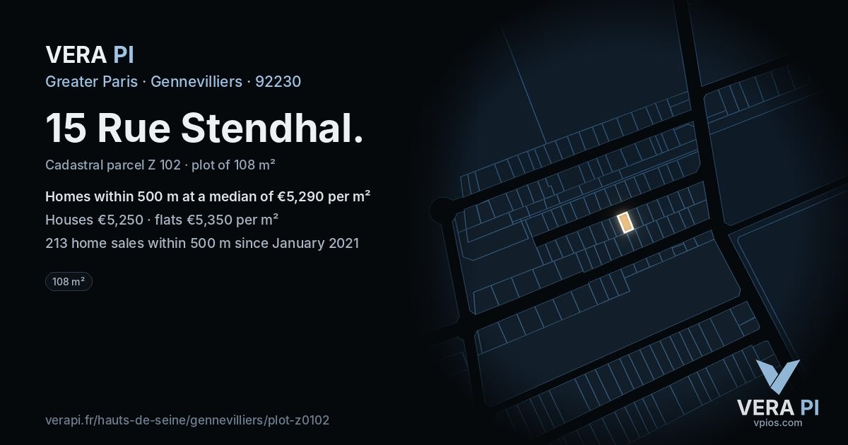 15 Rue Stendhal, Gennevilliers at night – the plot lit, the parcels around coloured by the prices near them