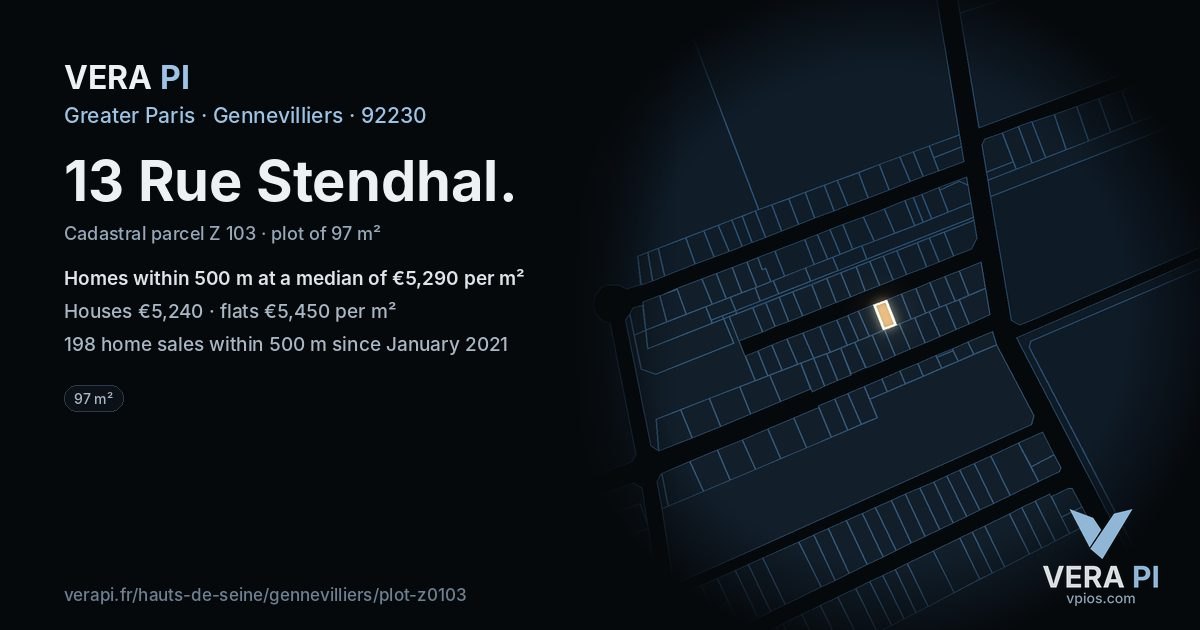 13 Rue Stendhal, Gennevilliers at night – the plot lit, the parcels around coloured by the prices near them