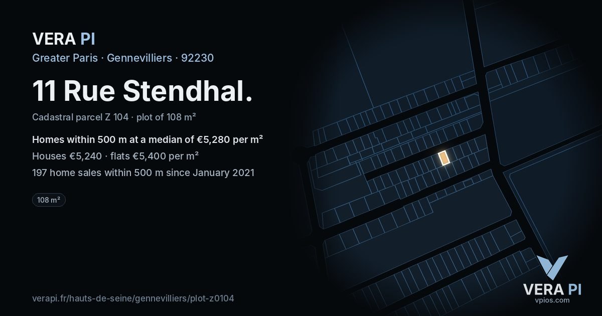 11 Rue Stendhal, Gennevilliers at night – the plot lit, the parcels around coloured by the prices near them
