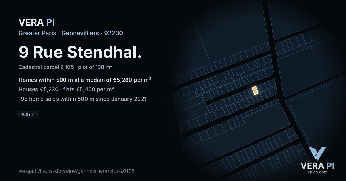 9 Rue Stendhal, Gennevilliers at night – the plot lit, the parcels around coloured by the prices near them