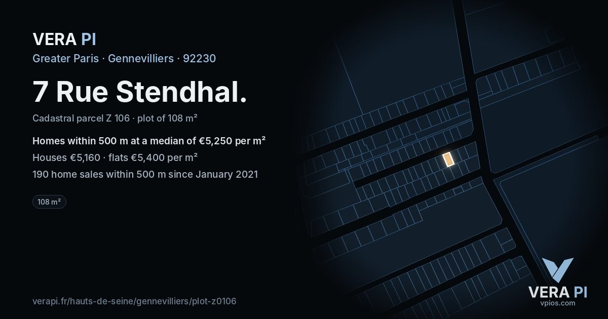 7 Rue Stendhal, Gennevilliers at night – the plot lit, the parcels around coloured by the prices near them