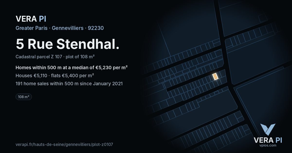 5 Rue Stendhal, Gennevilliers at night – the plot lit, the parcels around coloured by the prices near them