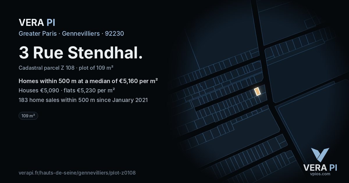 3 Rue Stendhal, Gennevilliers at night – the plot lit, the parcels around coloured by the prices near them