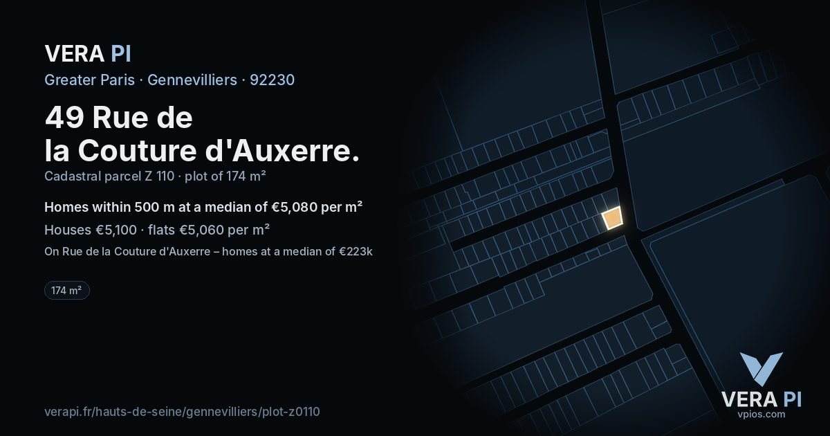 49 Rue de la Couture d'Auxerre, Gennevilliers at night – the plot lit, the parcels around coloured by the prices near them